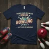 Navy blue t-shirt with retro design saying "THERE IS NO CRYING IN BOWLING BOWLING ... JUST LOTS OF SWEARING"