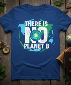 There Is No Planet B quote t-shirt with a graphic of Earth and a swirling vortex, promoting environmental awareness