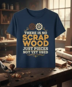 T-shirt with "There Is No Scrap Wood Just Pieces Not Yet Used" quote and gear graphics, navy blue