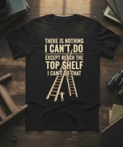Black t-shirt with "There Is Nothing I Can't Do Except Reach The Top Shelf I Can't Do That" quote and