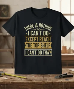 Black t-shirt with yellow and white text: "THERE IS NOTHING I CAN'T DO EXCEPT REACH THE TOP SHELF I CAN'T