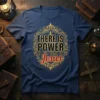There Is Power In The Name Of Jesus quote on a navy t-shirt with ornate gold border and red "Jesus"