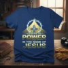 There Is Power In The Name Of Jesus quote with a cross and crown of thorns graphic on a navy