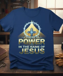There Is Power In The Name Of Jesus quote with a cross and crown of thorns graphic on a navy