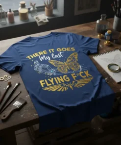 Navy blue t-shirt with gold text "THERE IT GOES My last FLYING F*CK" and a steampunk-inspired butterfly and robotic hand