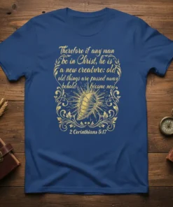Therefore if any man be in Christ, he is a new creature quote on blue t-shirt, 2 Corinthians 5:17 scripture
