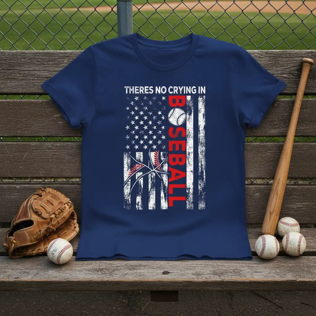 Theres No Crying In Baseball quote with distressed US flag and baseball elements on a navy tee