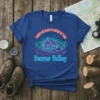 Neon retro graphic t-shirt with text "THERE'S NO PLACE I'D RATHER BE THAN Beaver Valley" and a cabin scene