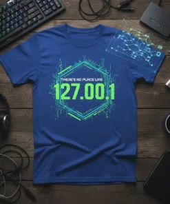 T-shirt with "There's No Place Like 127.00.1" in neon green text, featuring a hexagonal network design