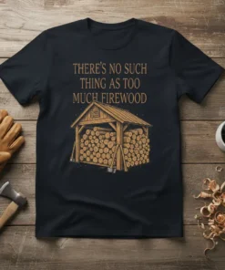 T-shirt with the text "There's No Such Thing As Too Much Firewood" above a drawing of a log shed full