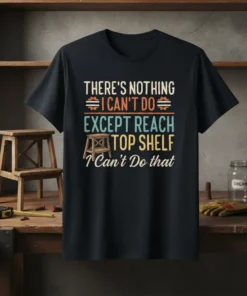 T-shirt design with text "THERE'S NOTHING I CAN'T DO EXCEPT REACH TOP SHELF I Can't Do that" and a graphic