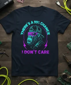 T-shirt with "There's A 99% Chance I Don't Care" text and a stylized ape wearing sunglasses and a cap