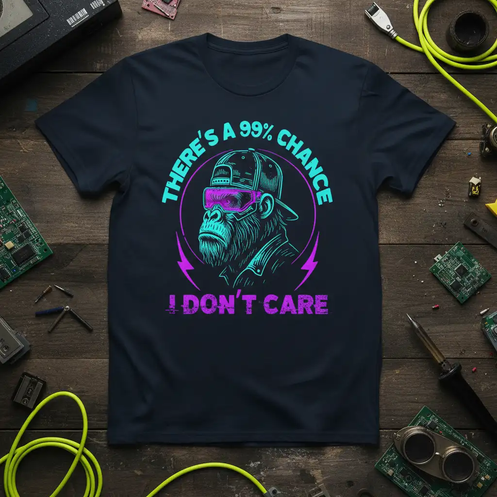 There's A 99% Chance I Don't Care quote on a t-shirt with a stylized gorilla in sunglasses and cap
