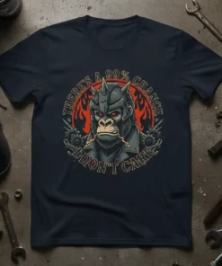 There's a 99% chance I don't care quote with a fierce gorilla in a helmet and jacket, surrounded by flames