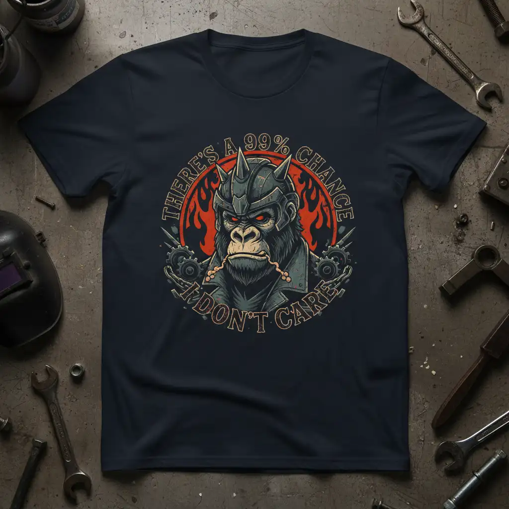 There's A 99% Chance I Don't Care quote with a fierce gorilla in helmet and jacket, surrounded by flames and gears
