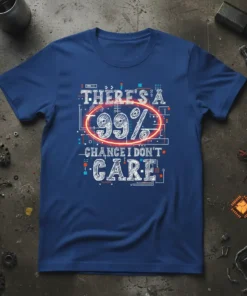 There's A 99% Chance I Don't Care quote in white and red typography on a navy blue t-shirt, featuring a