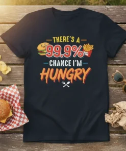 Funny "There's a 99.9% Chance I'm Hungry" text design with cartoon burger and french fries graphic