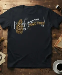 T-shirt with text "THESE ARE HARD TIMES 9/8 10/9 15/4 5/4 HARD TIMES 15/8" and golden treble clef design