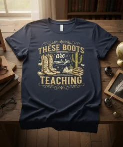 Navy t-shirt with gold text "THESE BOOTS are made for TEACHING," featuring cowboy boots, books, and a cactus graphic