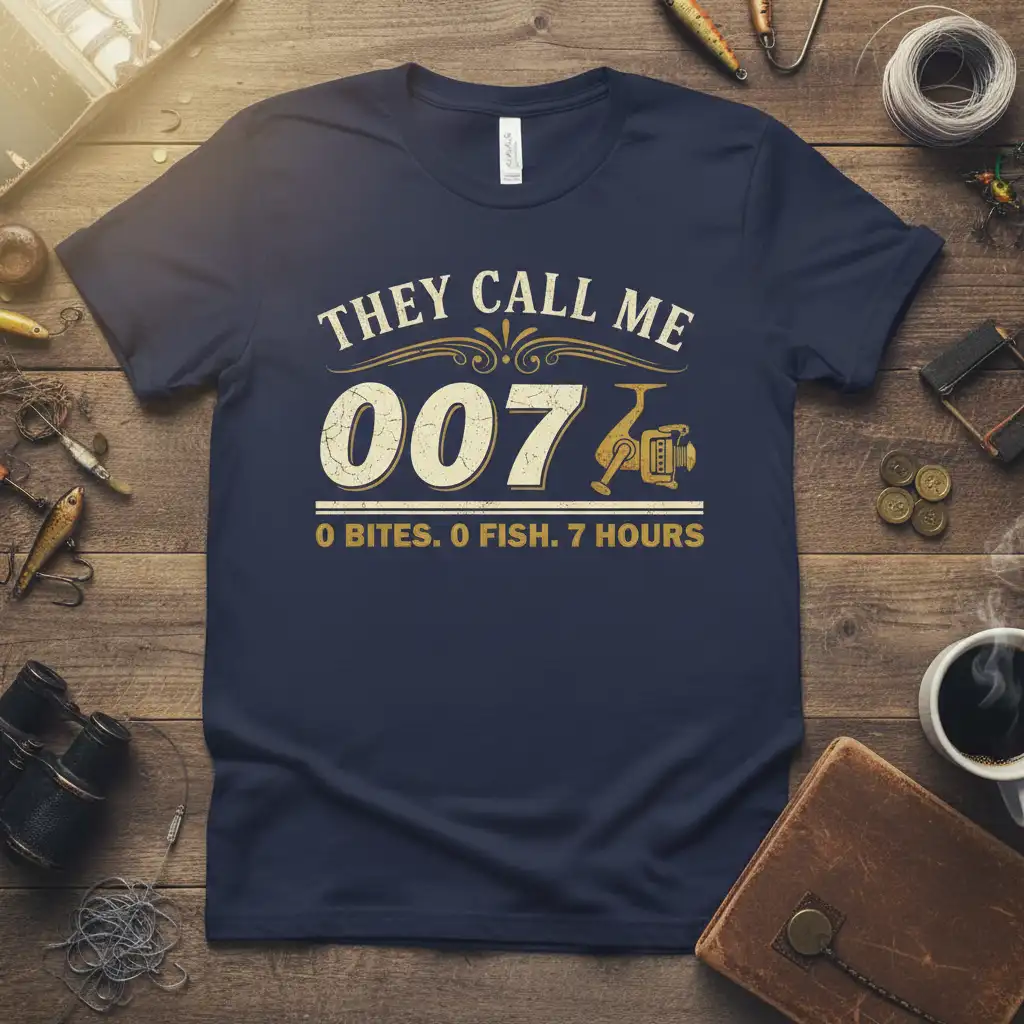 They Call Me 007 O Bites O Fish 7 Hours fishing humor quote t-shirt with vintage reel graphic
