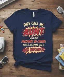 Navy blue t-shirt with "They Call Me Aunt Because Partner In Crime Makes Me Sound Like A Bad Influence" quote