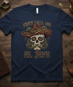 Navy t-shirt with "They Call Me El Jefe" text and a decorated sugar skull wearing a sombrero