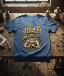 Carpenter with hammers and tools, text "THEY CALL ME JUAN" on a blue t-shirt