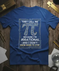 Blue t-shirt with "They Call Me Pi Because I'm Irrational And I Don't Know When To Stop" quote and pi