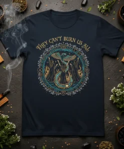 They Can't Burn Us All quote with phoenix and witches design on a navy t-shirt