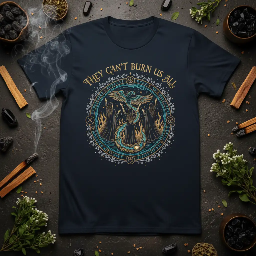 They Can't Burn Us All quote with mystical phoenix and witchy figures design on a dark tee