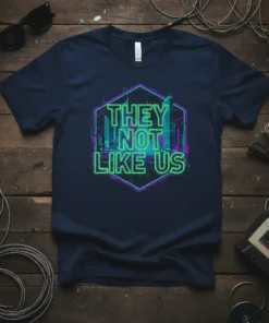 They Not Like Us neon quote t-shirt with a futuristic cyberpunk city graphic in green and purple