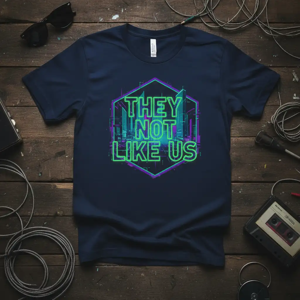 They Not Like Us bold neon quote t-shirt with futuristic cyberpunk city art