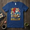 They See Me Rollin' t-shirt design with a kawaii cat chef making sushi, featuring Japanese wave and cherry blossom elements