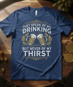 T-shirt with the quote "They Speak of My Drinking But Never of My Thirst" and two beer mugs graphic