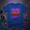 Thick Thighs Scorpio Vibes text with a scorpion graphic on a blue t-shirt, astrology theme