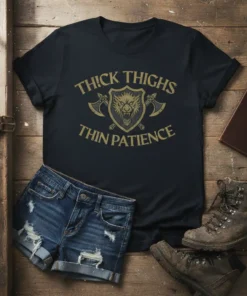 Thick Thighs Thin Patience quote on a black t-shirt with a shield and axe graphic