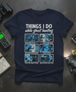Navy t-shirt with "Things I Do While Ghost Hunting" and six comic panels detailing humorous ghost hunting scenarios