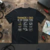 Black t-shirt featuring yellow text "THINGS I DO IN MY SPARE TIME" with six illustrated activities related to biking