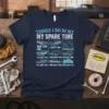 Navy t-shirt with "THINGS I DO IN MY MY SPARE TIME" text and grid of car-related activities like driving, looking