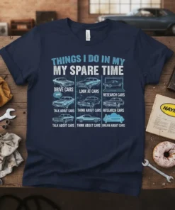 Navy t-shirt with "THINGS I DO IN MY MY SPARE TIME" text and grid of car-related activities like driving, looking