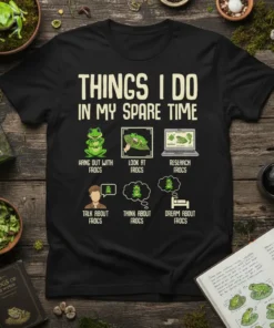 Black t-shirt with "Things I Do In My Spare Time" design, illustrating frog-related activities like hanging out, looking at, researching