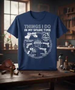 T-shirt design with text "THINGS I DO IN MY SPARE TIME" and icons for gun maintenance, research, talking, and thinking