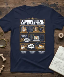 T-shirt design listing "Things I Do In My Spare Time" with sections on playing, loving, talking about, and thinking about