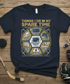 T-shirt graphic with text "Things I Do In My Spare Time Hockey" and circular icons related to hockey activities