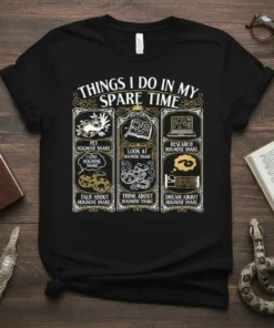 Black t-shirt with "Things I Do In My Spare Time" text and six panels detailing hognose snake activities