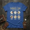Blue t-shirt with "Things I Do In My Spare Time" text and six circular graphics detailing horse-related activities for horse
