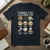 Horse lover t-shirt featuring "Things I Do In My Spare Time" with illustrations of riding, researching, talking, thinking, and dreaming