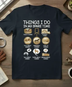 Horse lover t-shirt featuring "Things I Do In My Spare Time" with illustrations of riding, researching, talking, thinking, and dreaming