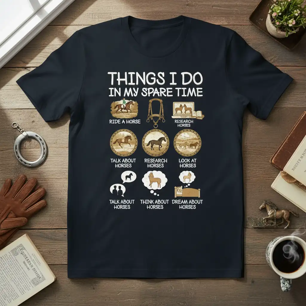 Things I Do In My Spare Time Horse Lover T-Shirt design with detailed illustrations of equestrian activities and thoughts