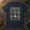 T-shirt design with text "Things I Do In My Spare Time Motorcycle Lover" and icons depicting riding, looking, researching, talking